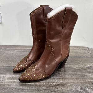 New! Frye Sara Wingtip Boots Womens Size 6M Brown Mid Calf Western Studded Boots